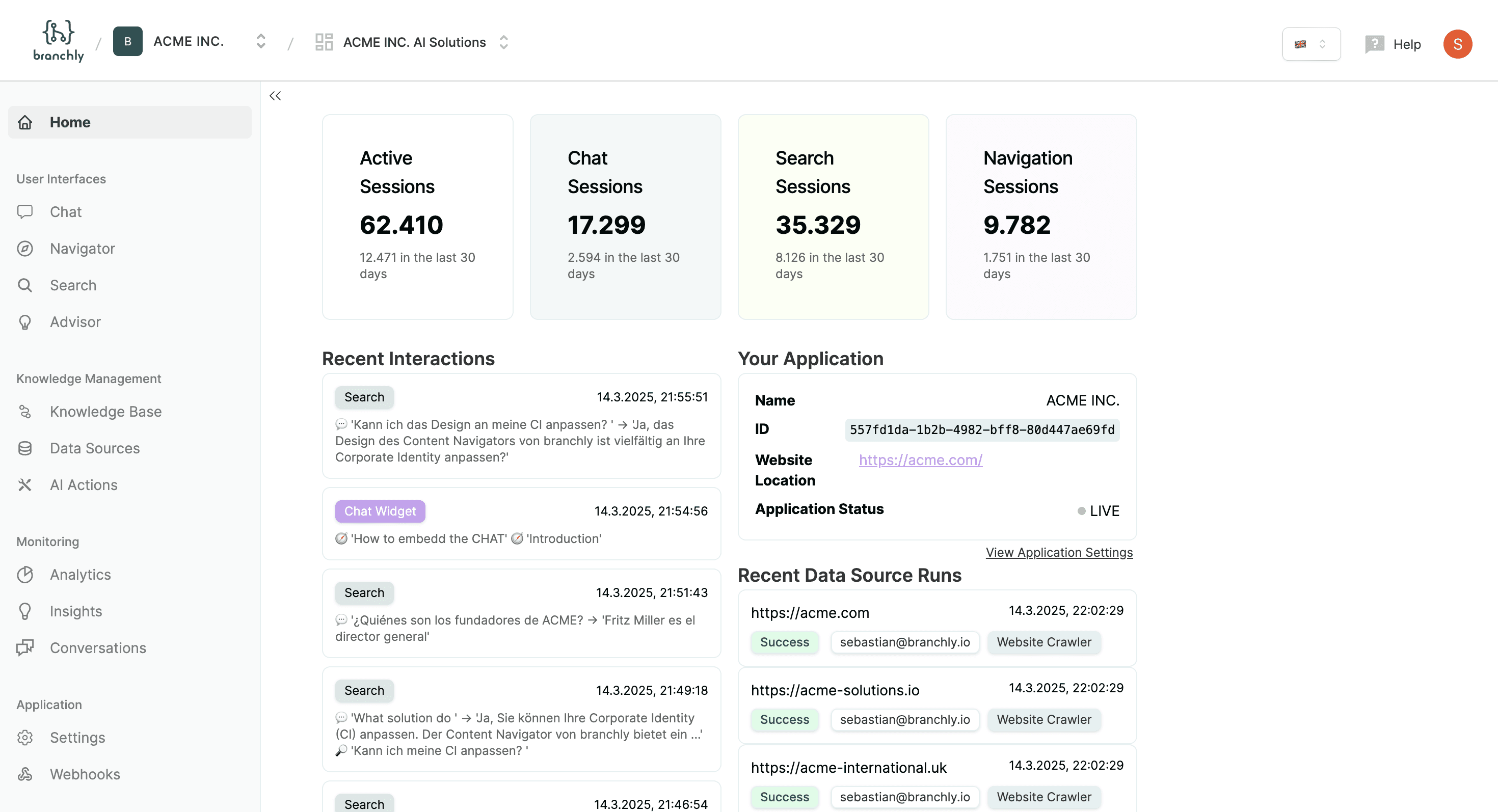 branchly Plattform-Dashboard: Wissensmanagement & Data Source Runs