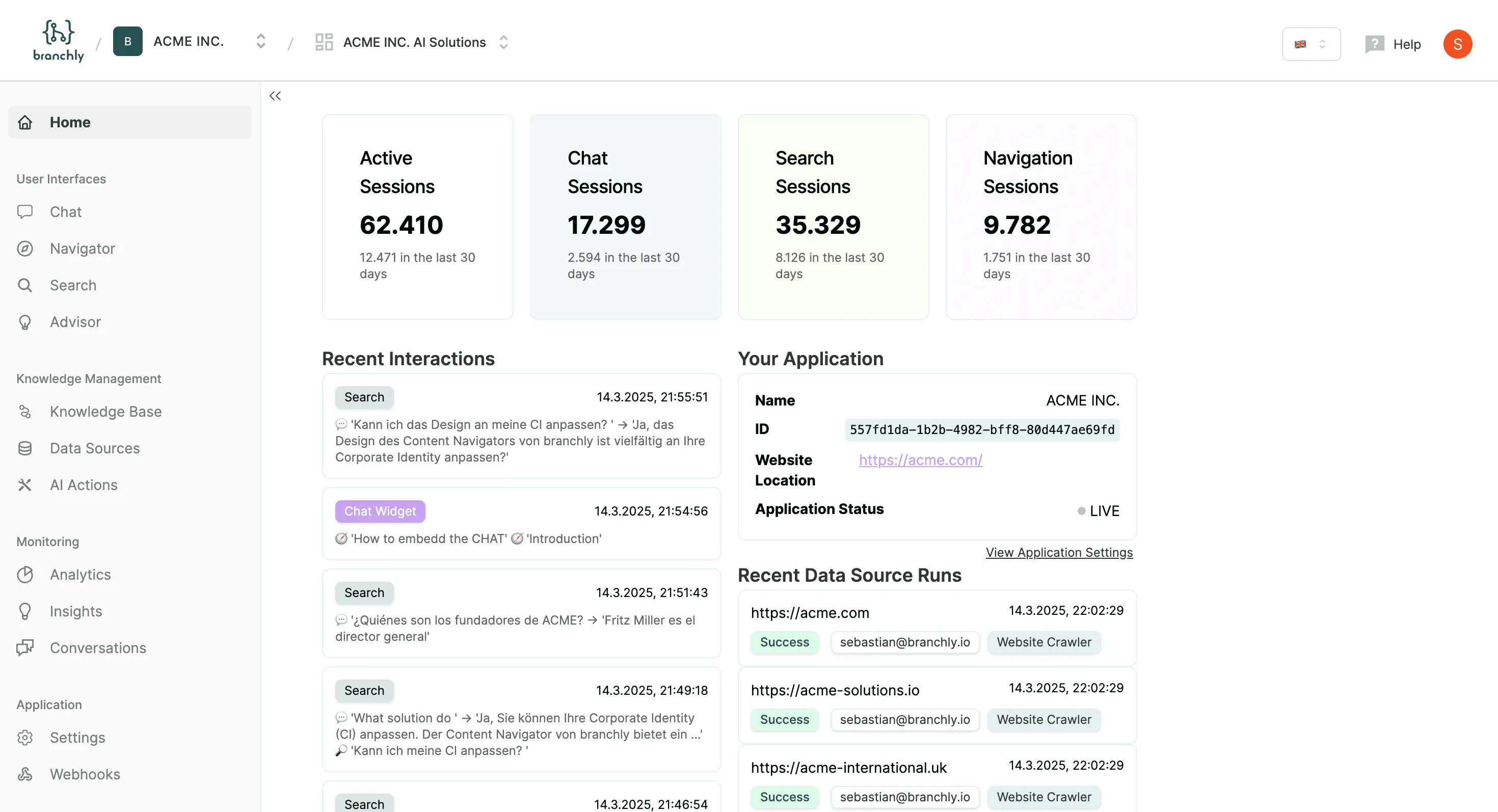 branchly Plattform-Dashboard: Wissensmanagement & Data Source Runs