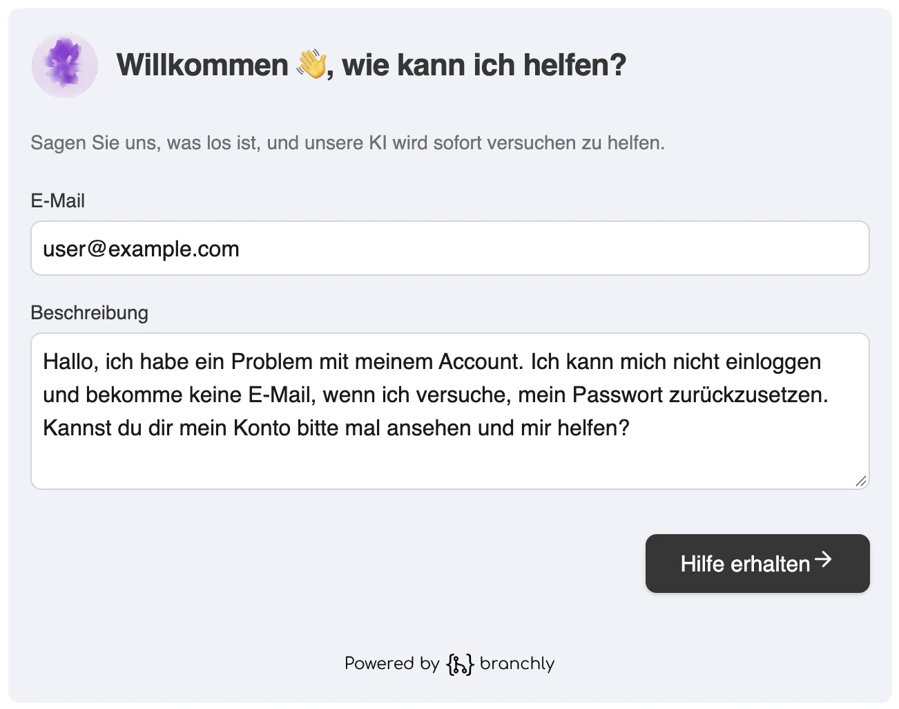 branchly KI-Formular Interface Vorschau