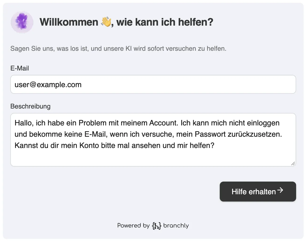 branchly KI-Formular Interface Vorschau
