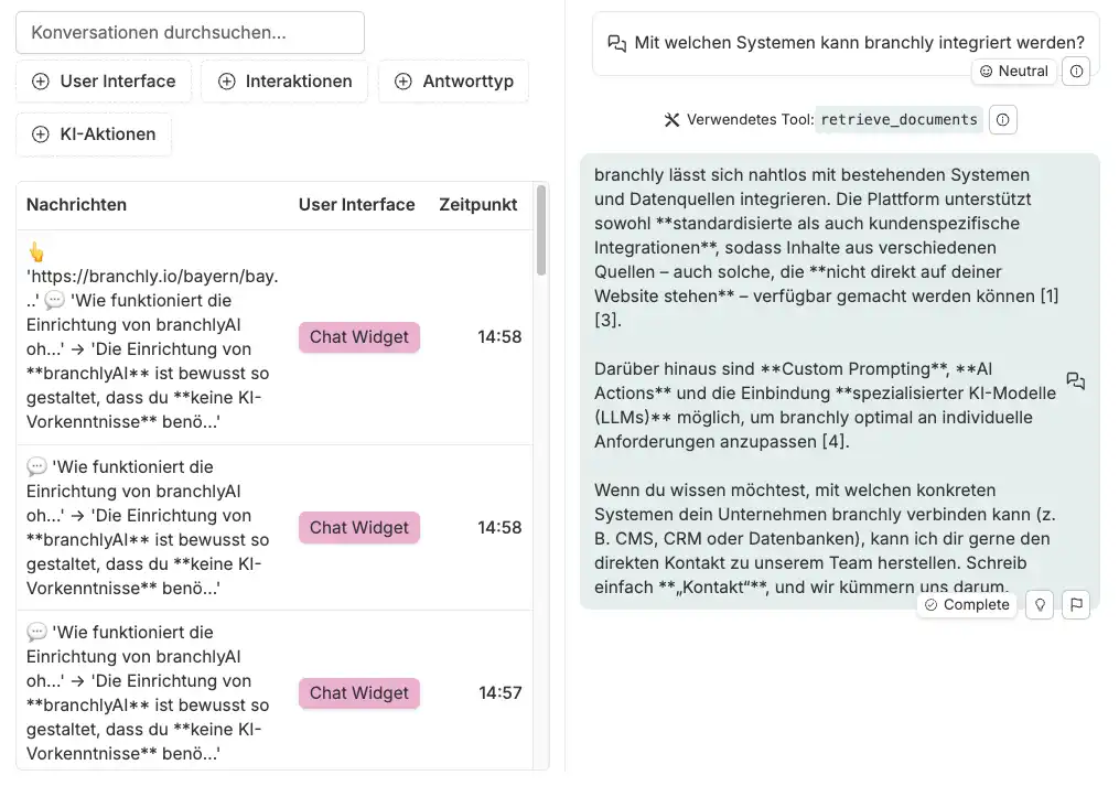 Konversationsansicht mit Tracing von KI-Aktionen