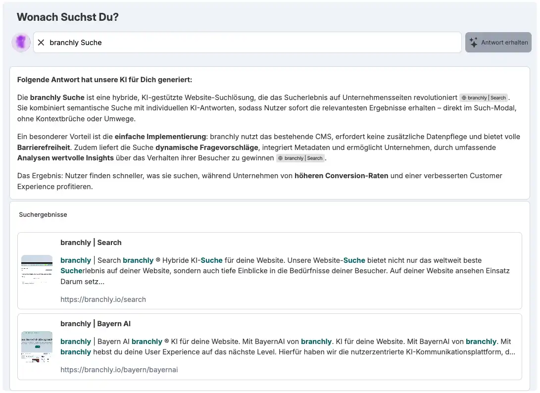 branchly KI-Suche Interface Vorschau