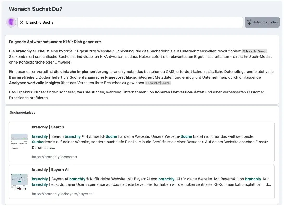 branchly KI-Suche Interface Vorschau