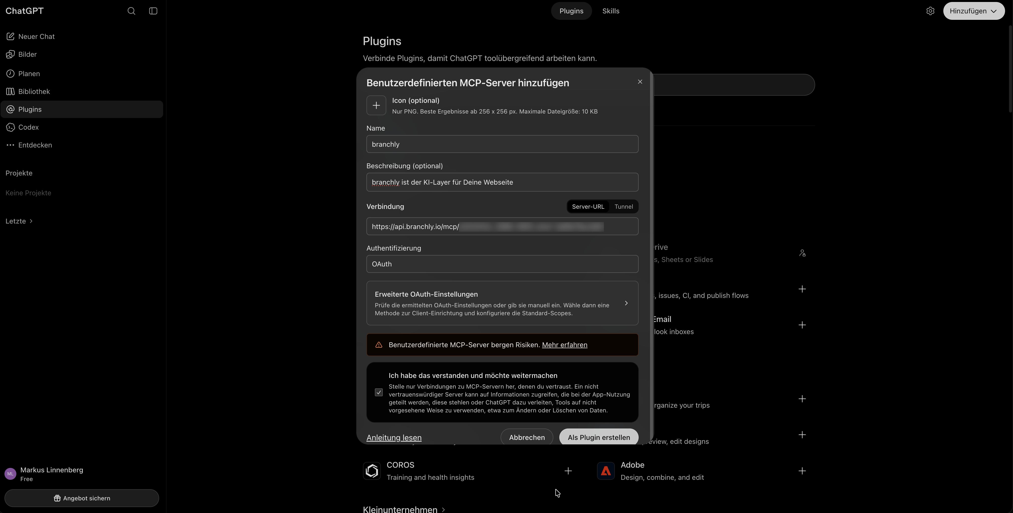 MCP-Server-Details mit OAuth und Anwendungs-URL konfigurieren