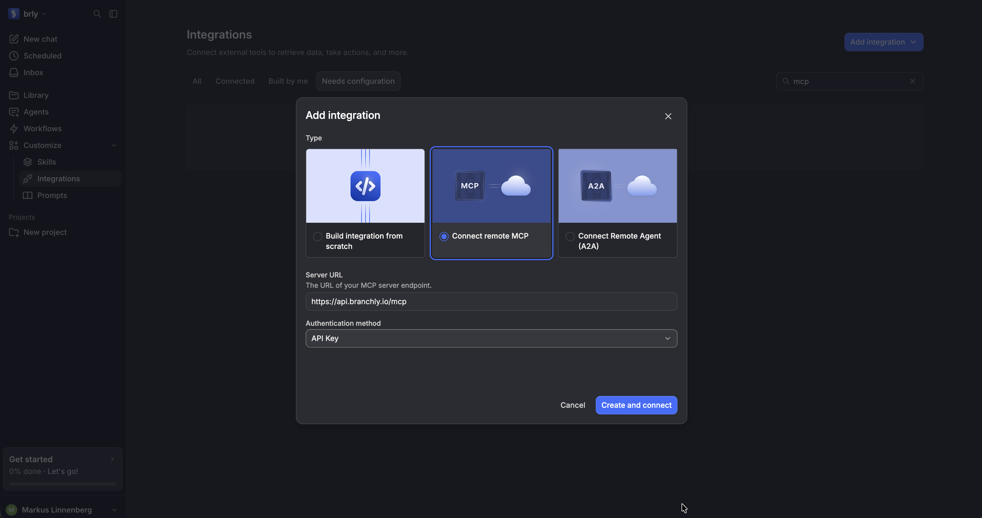 Wähle Connect remote MCP im Add integration Modal